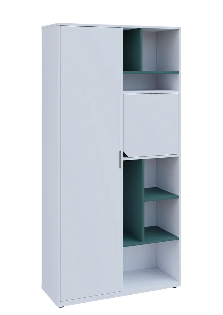 KSR6-83 L skříň šatní, 1x výsuvné ramínko, dvířka, niky, 2053x1022x400 mm, provedení levé, korpus a dvířka bílá sněžná/police světle petrolejová